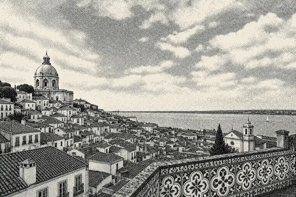 Dithered 1-bit panorama of Alfama rooftops in Lisbon.