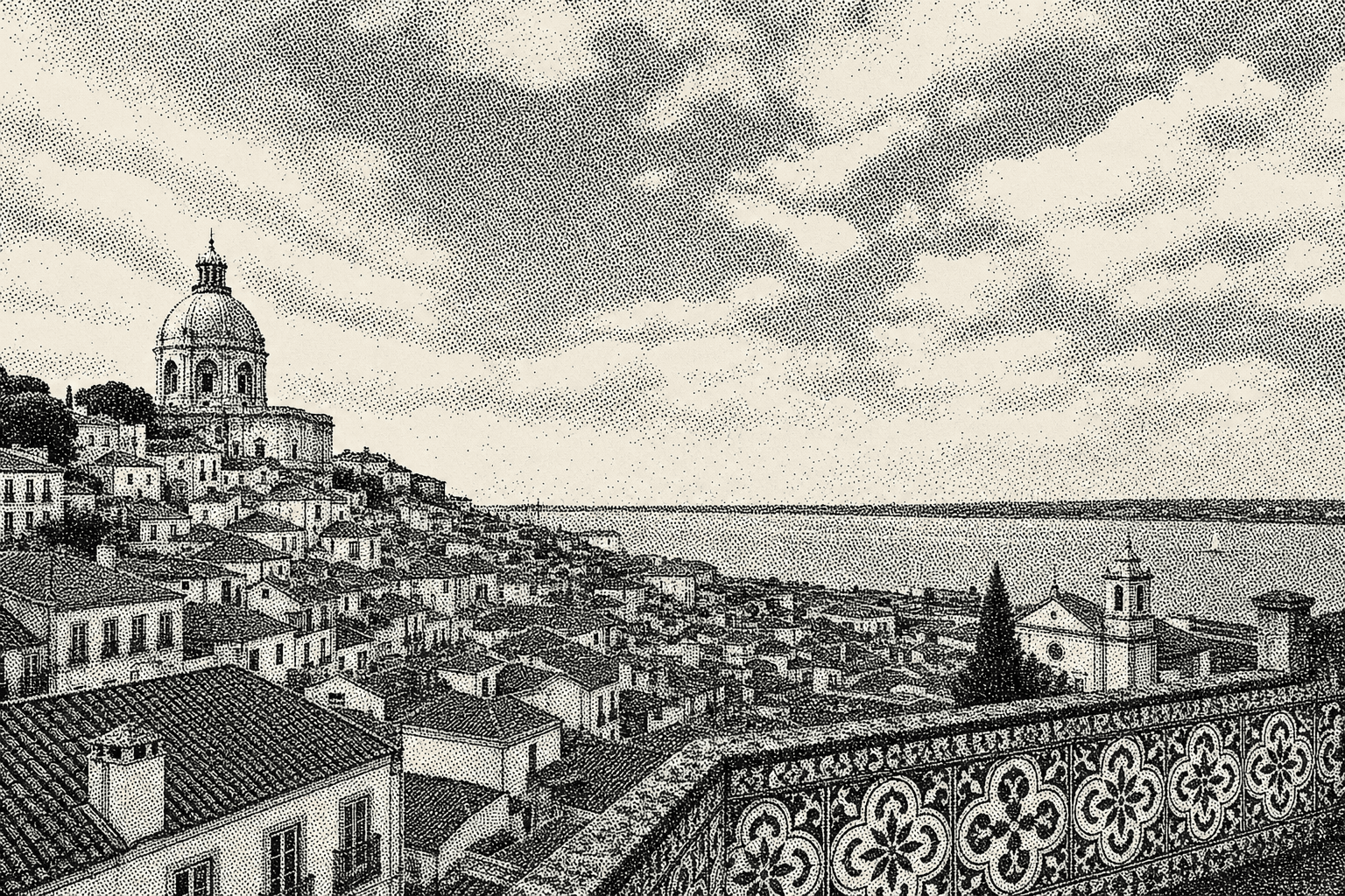 Dithered 1-bit panorama of Alfama rooftops in Lisbon.